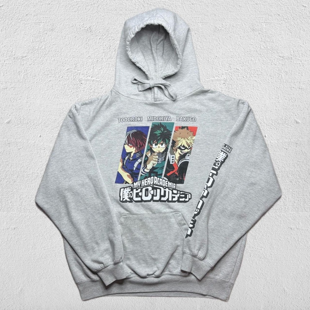 My Hero Academia Todoroki Midoriya Bakugo Graphic Fleece Hoodie Grey XL